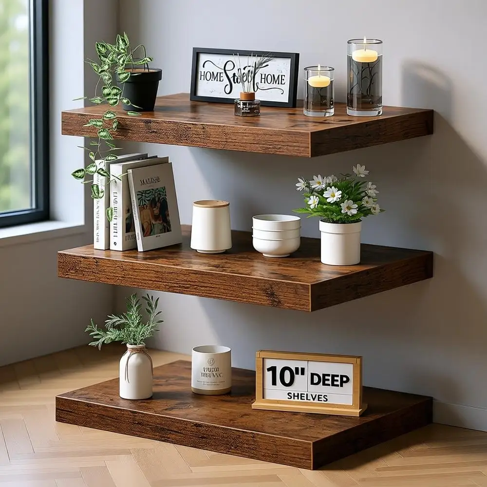 

10 Deep Floating Shelves - Set of 3, Rustic Brown, for Books and Decor in Bathroom, Bedroom, Kitchen, Living Room