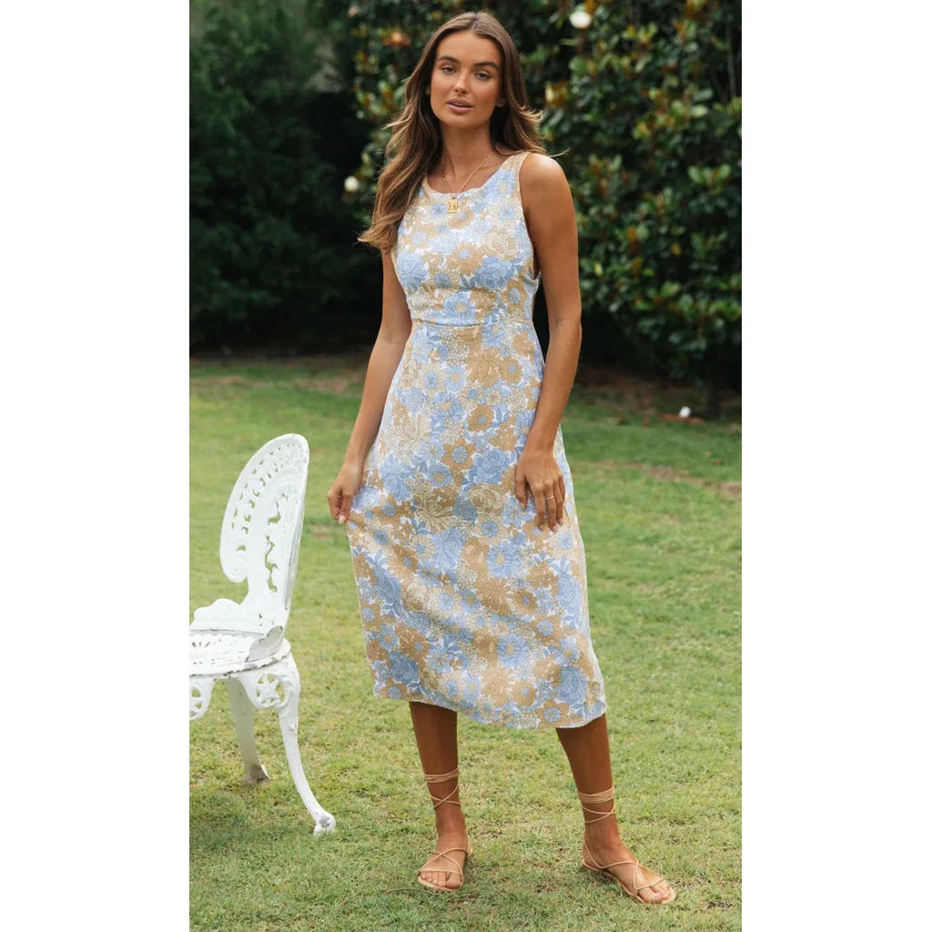 

2025 Spring/Summer New Cross Back Waist Exposed Sexy Mid Length Dress 22076