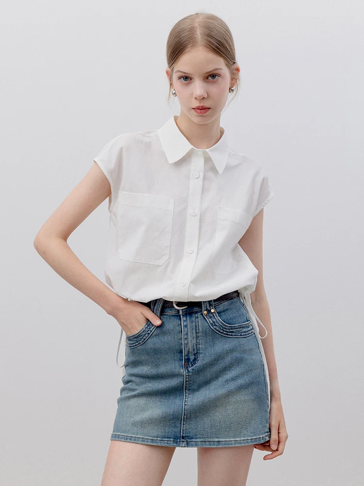 

EGGKA College Sle Color Dstring Casual ort Sve Commute Friendly Versatile White irt Loose Fit irt