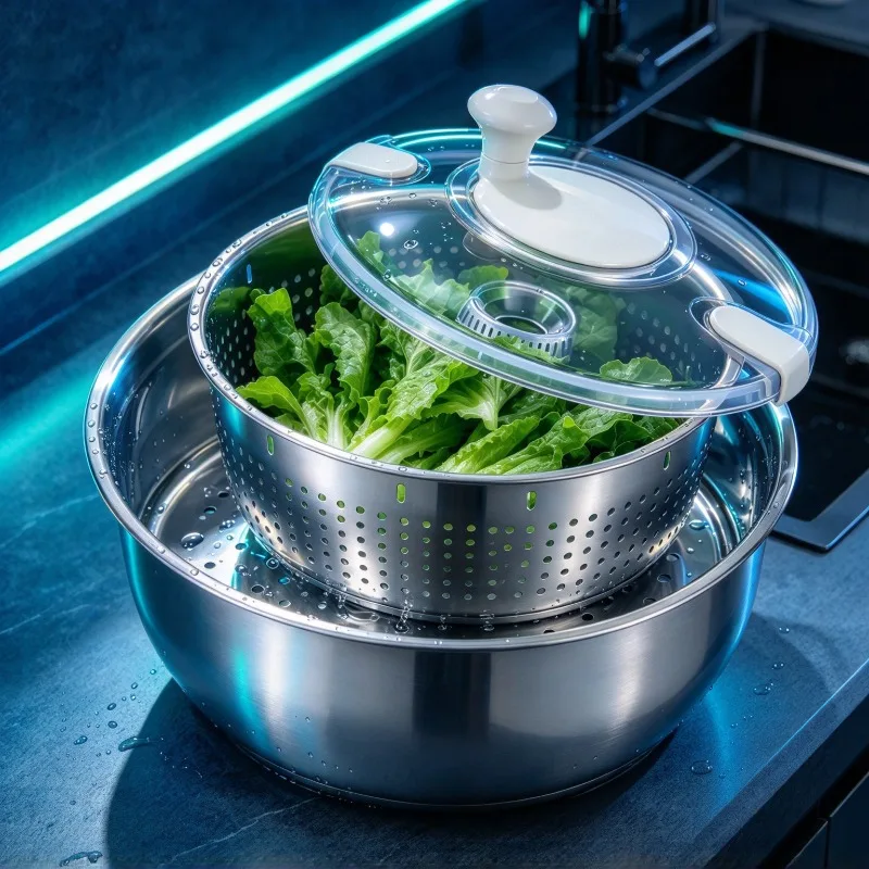 Stainless Steel Vegetable Dehydrator, Household Salad Spinner, Kitchen Fruit and Vegetable Draining Tool