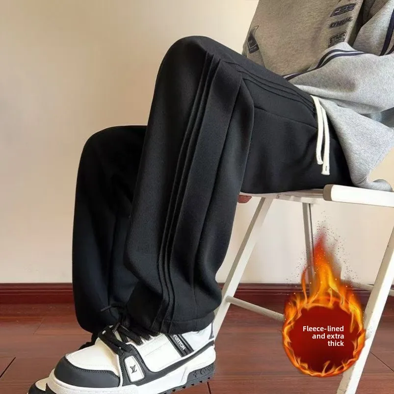 

Мужские повседневные брюки на подкладке Fce, теплые спортивные брюки свободного покроя, прямые брюки с деталями, не требующие глажки, средняя талия