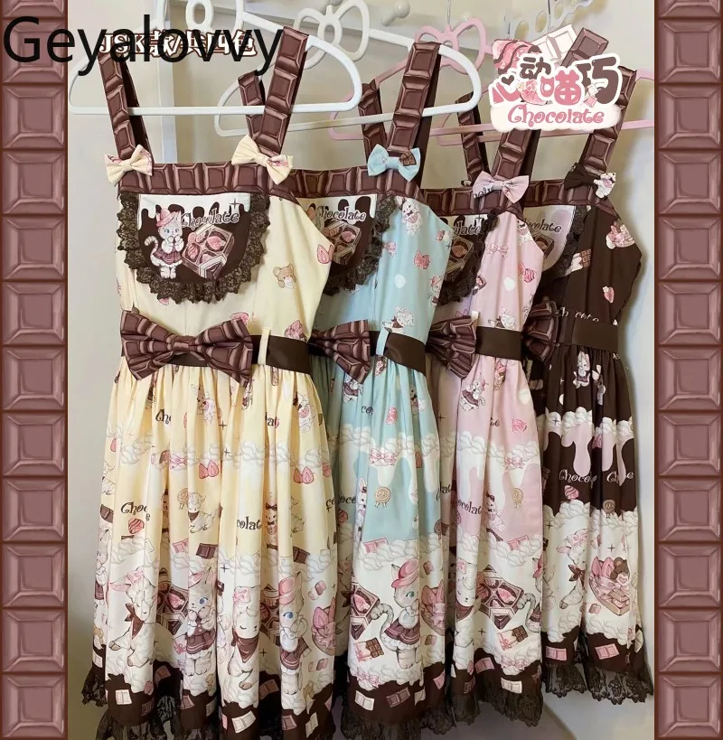 

Original Bowknot Cartoon Print JSK Sleeveless Dress Sweet Cute Girl Lolita Daily Versatile High Waist Lace Slimming Dress