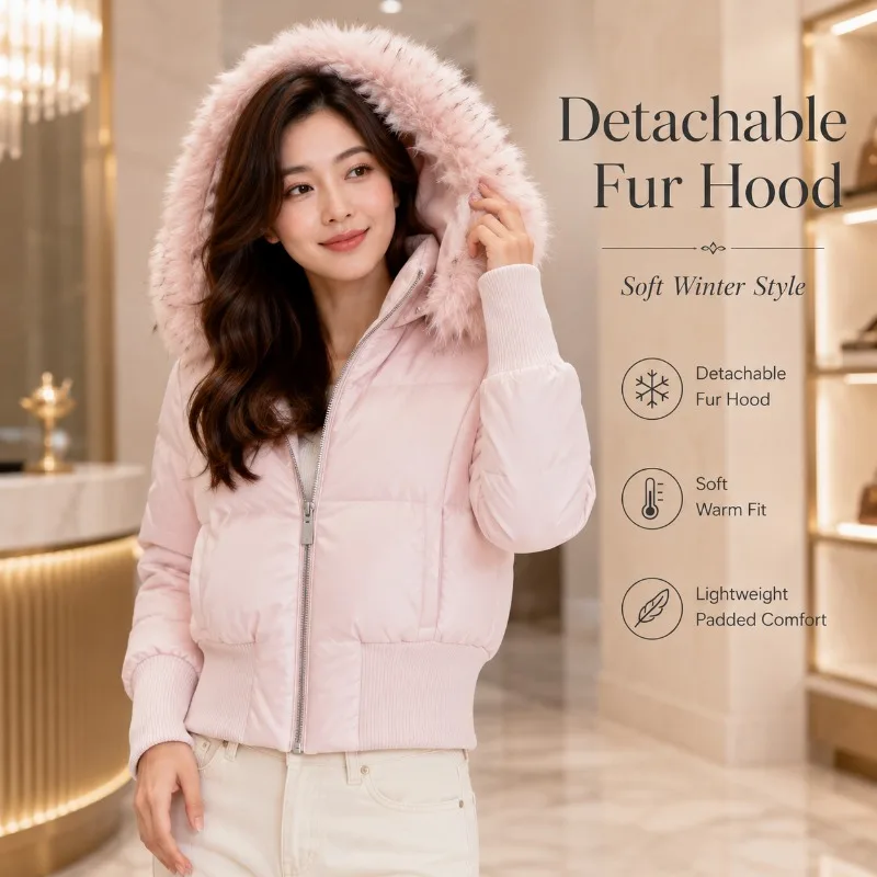 Women Short Puffer Jacket Detachable Faux Fur Hood Winter Coat Warm Padded Cropped Zip Up Jacket Ribbed Cuffs