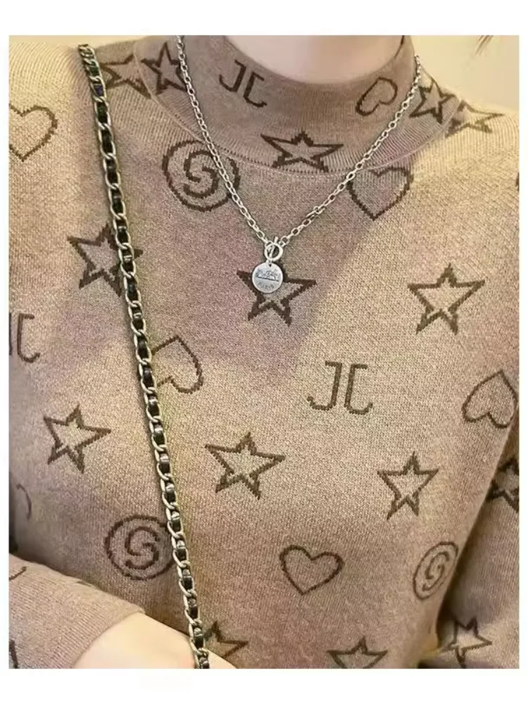 패셔너블 프린트 슬리밍 롱 슬리브 베이스 셔츠 여성용 하이 칼라 이중 레이어 울 트렌디 이너웨어 탑