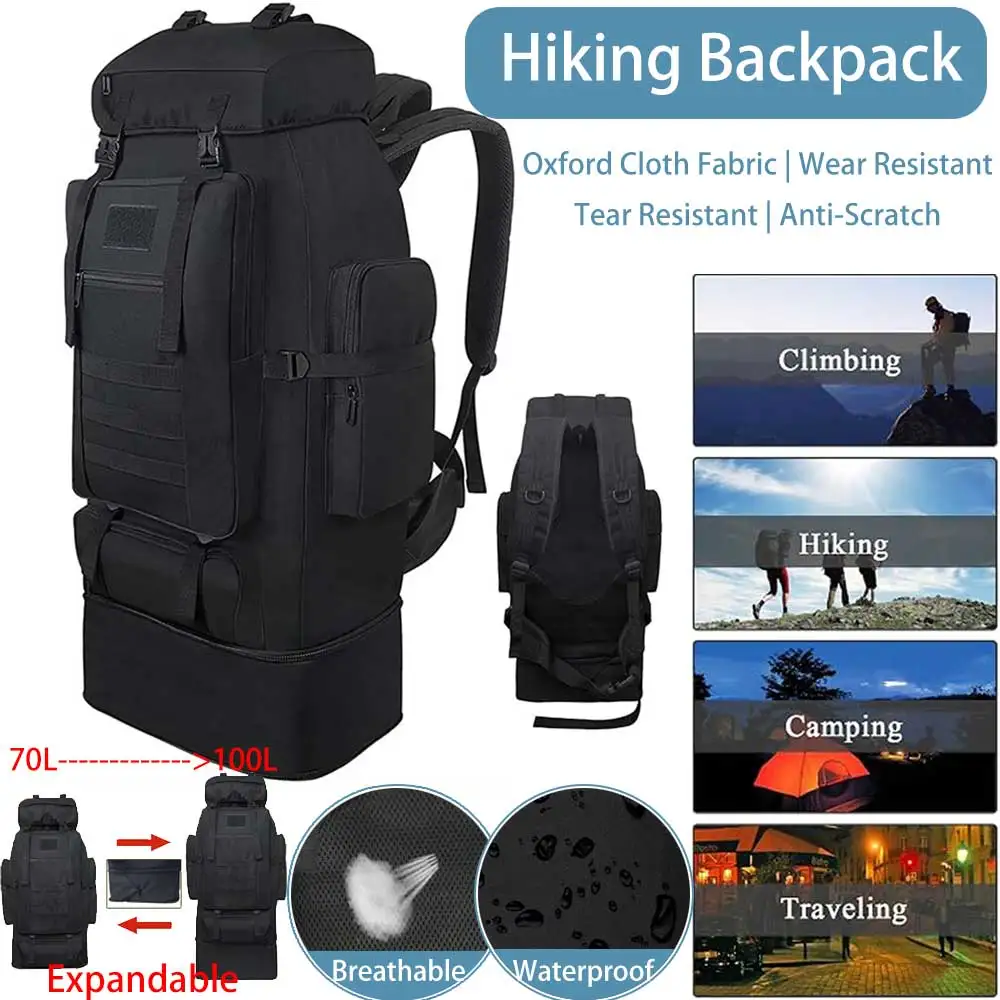 Erweiterbarer Wander-Rucksack für Damen und Herren – 70L/100L wasserdichter Camping-Rucksack mit großem Fassungsvermögen, Militärrucksack Molle 3-Tage-Angriffs-Rucksack zum Klettern und Reisen