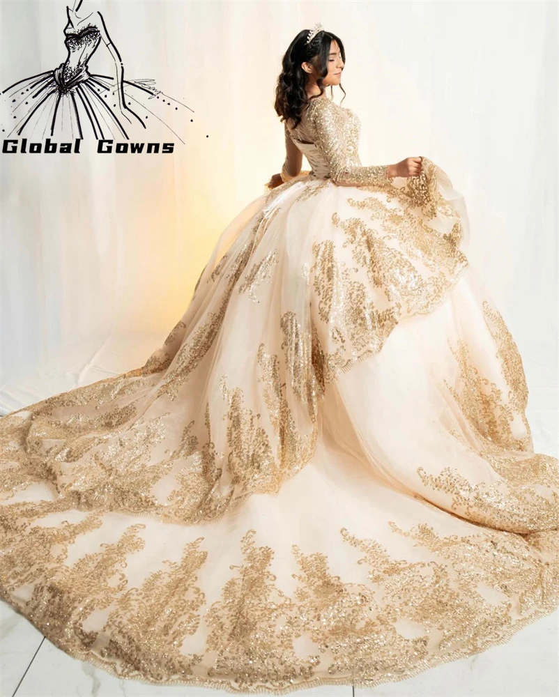 Gold Sequined Ball Gown Quinceanera Dresses With Long Sleeve Beads Pearls Long Prom Dress Tiered Vestidos De 15 Años Lace-Up