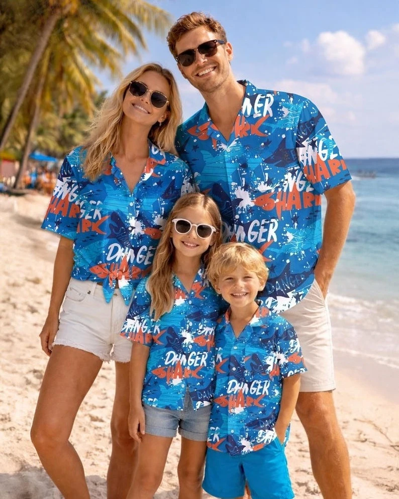 

2026 Summer Men's New Shark Printed Button Up Shirt Large Loose Quick Drying Outdoor Sports Short Sleeve Parent Child T-shirt