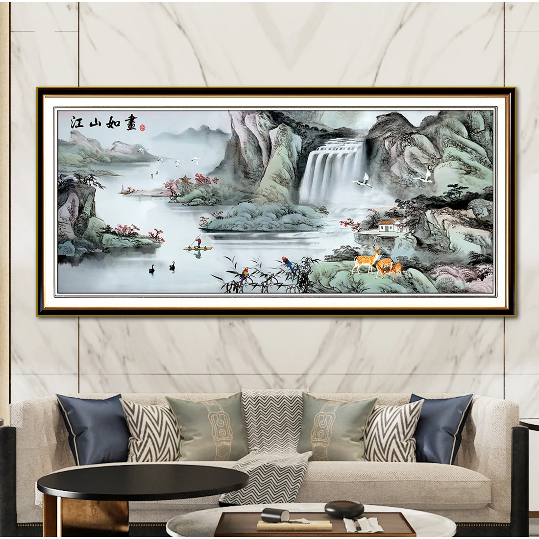 Un hermoso kit de punto de cruz con patrón de pintura de paisaje, pintura de paisaje de estilo chino con el significado de agua corriente que trae la riqueza, bordado impreso Feng Shui, imagen de gran tamaño para la decoración de la sala de estar