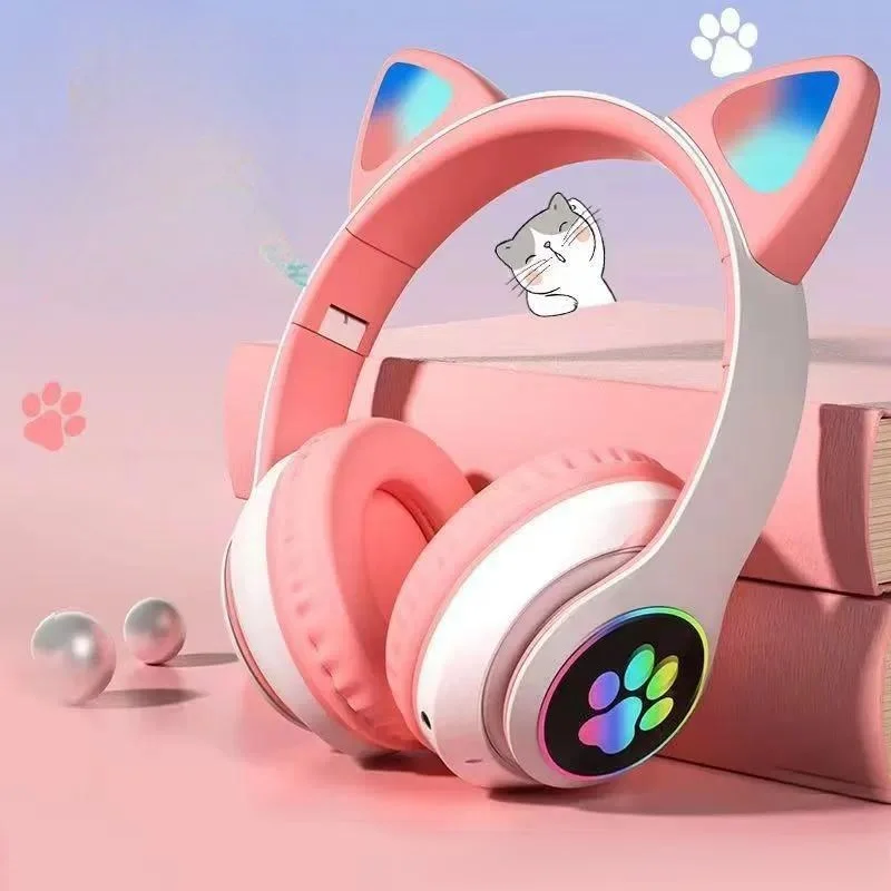 for Cat Ear Plug-in Headset Android STN-28 Folding Cool Luminous Learning Headphones with Card Slot