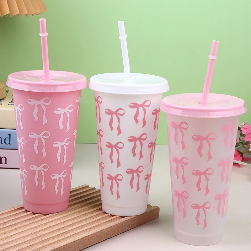 710ml Straw Lid Coffee Cup Juice Tea Cute Tumbler with Straw Plastic Cups Summer Gifts  Kawaii Bow Reusable Party Cups view 3