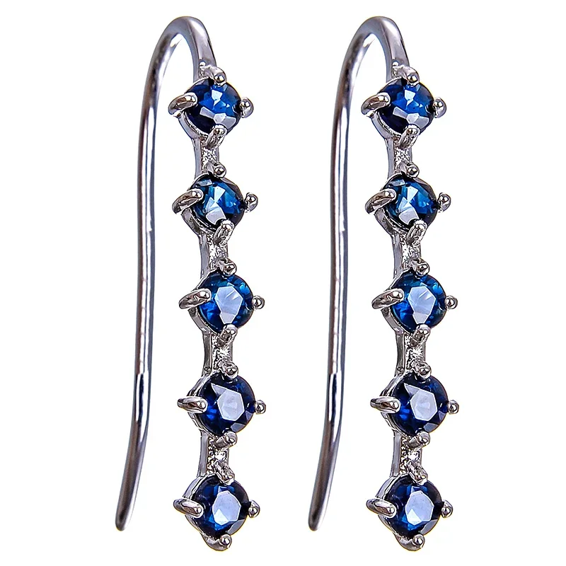 925 Sterling Silver Natural Sapphire Earrings for Women Special Design Personal Style Created Sapphire Round Cut Gifts for Women