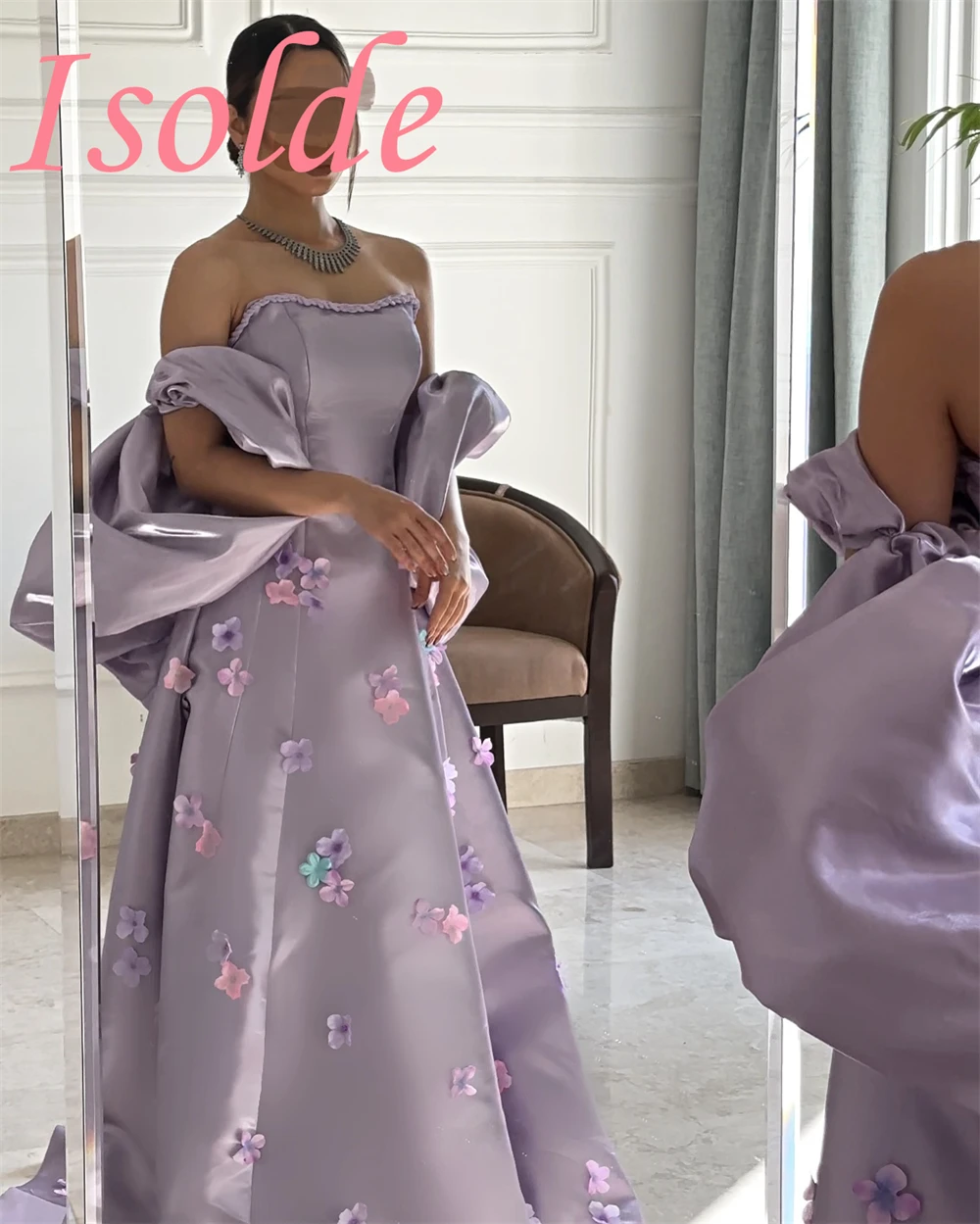 Customized Sparkly Purple Satin Evening Dresses Classic Strapless Celebrity Gowns Fashion Flowers Special Occasion Gowns