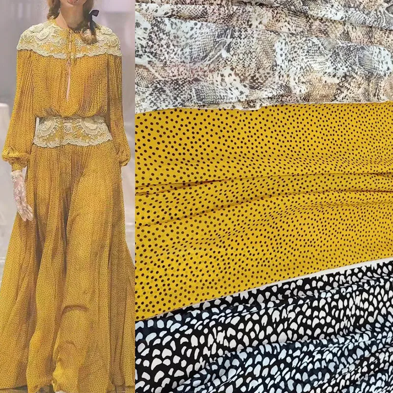 2024 European Fashion Show Yellow and Black Dot Printed Velvet Chiffon Fabric For Woman Dress Blouse DIY Cloth Sewing Material