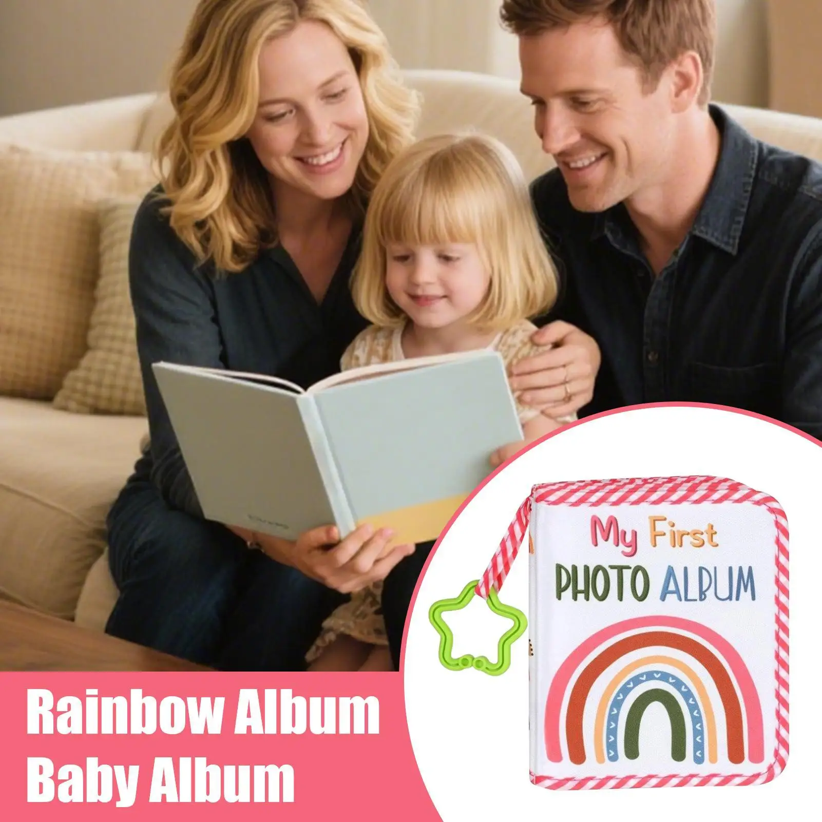 Baby Photo Album Book with Star Hook Picture Keepsake Soft Cloth Rainbow Print for Gender Reveal Party Mother's Day Bridal