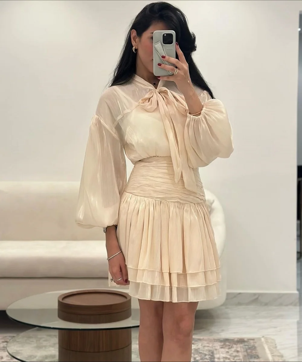 Customized Fashion Pleat Bow A-line O-Neck Short Dresses Bespoke Occasion Homecoming Simple High Quality Matching