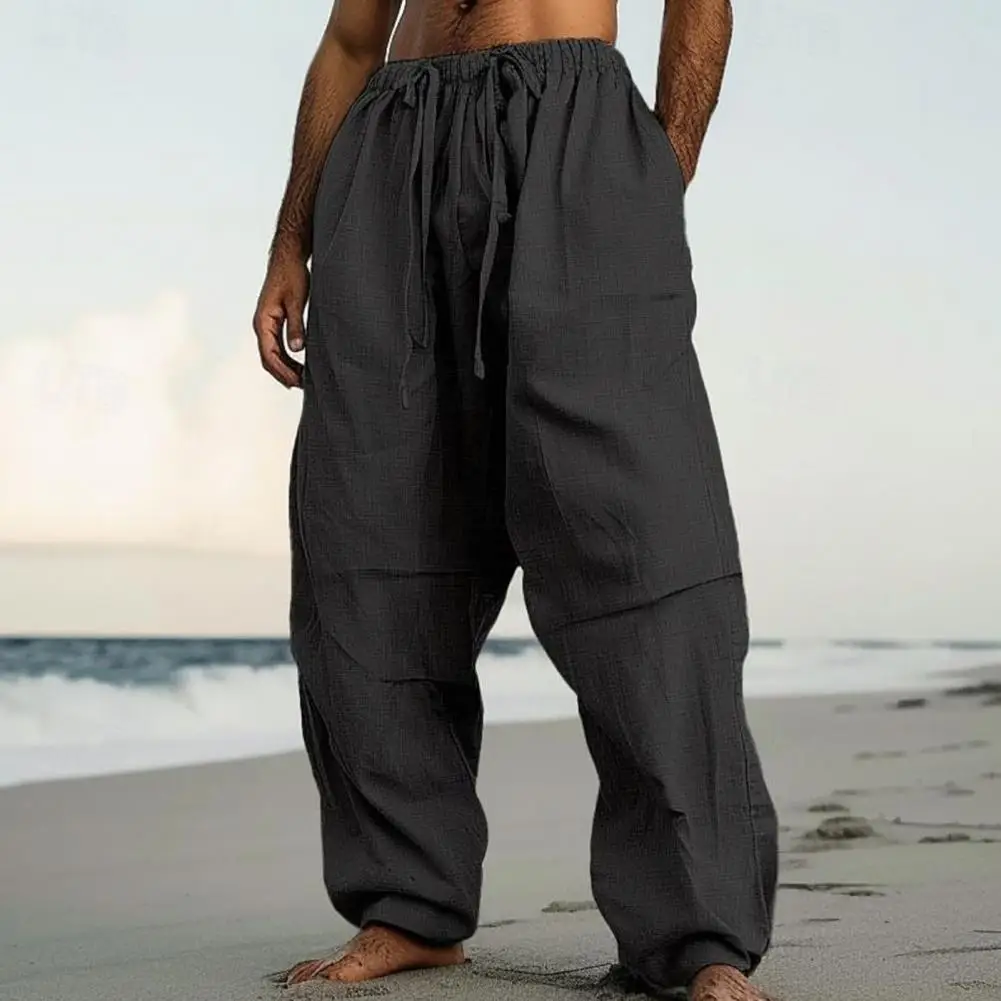 Everyday Wear Men Trousers Solid Color Men Pants Men's Drawstring Elastic Waist Wide Leg Sweatpants with Pockets for Daily Wear