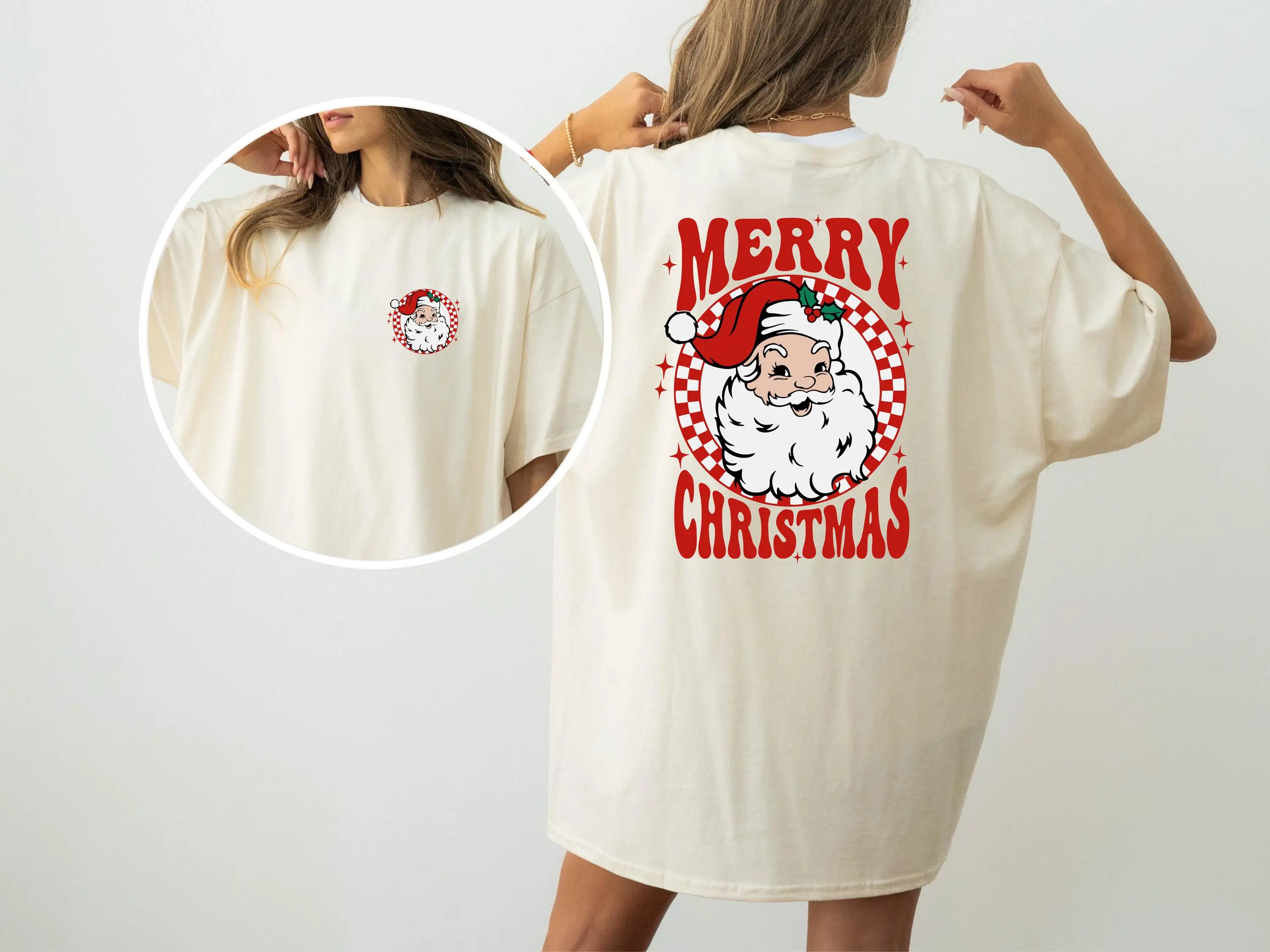 

Merry Christmas T Shirt Comfort Colors Retro Checkered Red Santa Most Wonderful Time In The Year It'S Christmastime