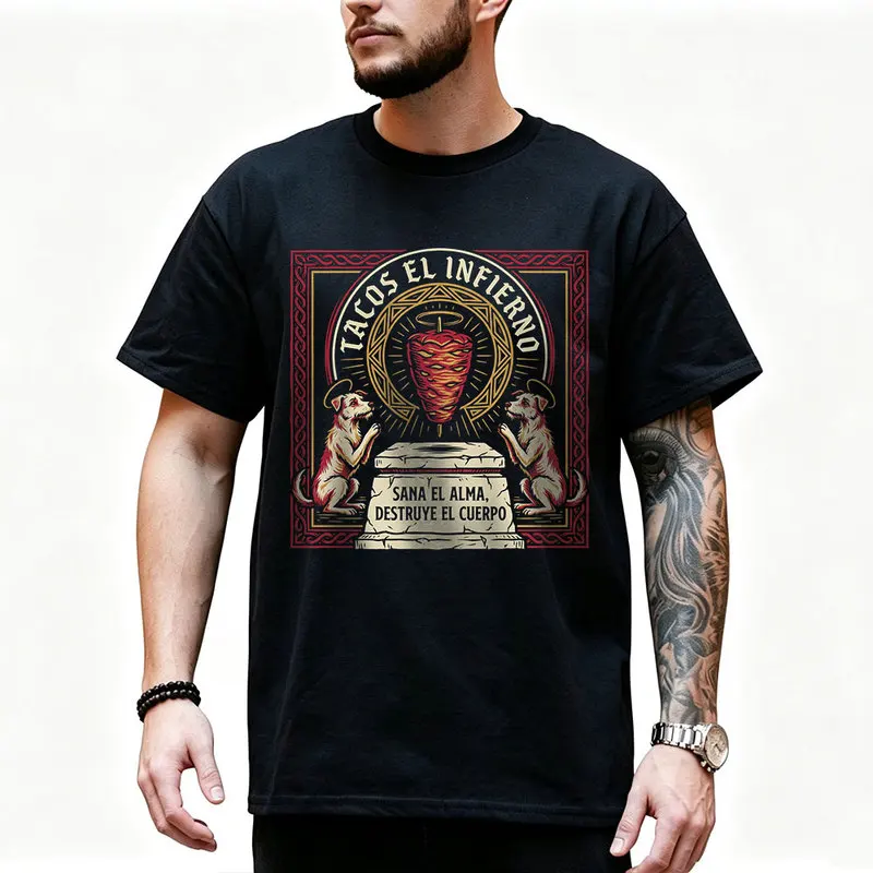 Dogs praying to meat cone Graphic T Shirt 0912 Retro Dark Humor Mexican Culture Halloween Alternative Art Tee