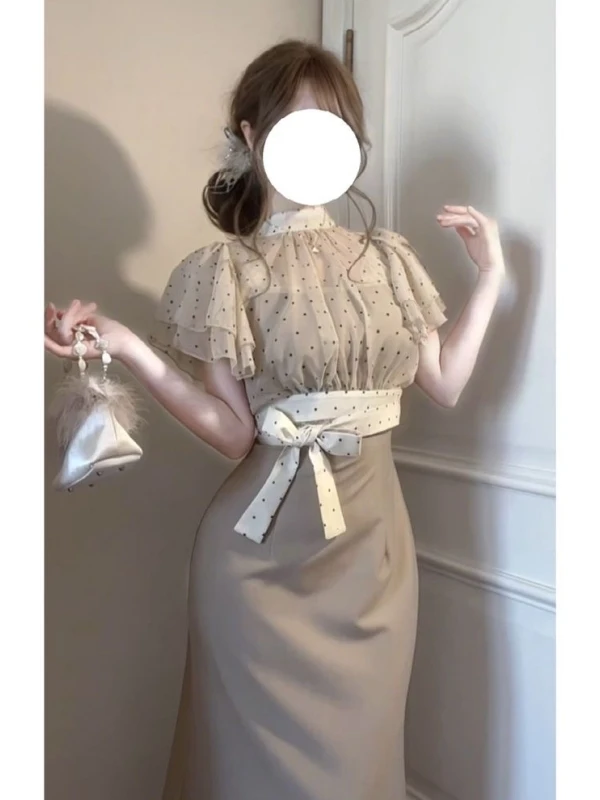 

Polka Dot Shawl Coat Casual Chic Slimming Strap Long Dress Two-Piece Set for Young Women Spring Summer Fashion Outfit