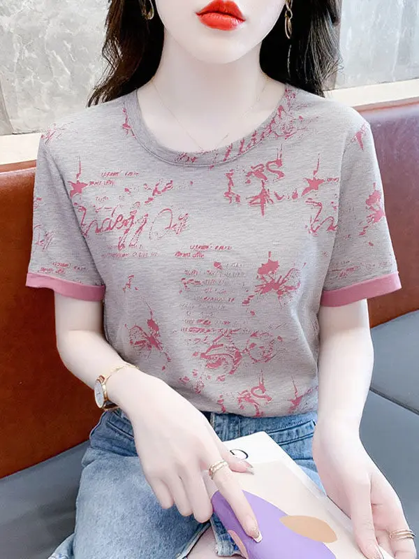 

Fashionable Short Sleeve T-Shirt Women's Loose Fit Summer Top Half Sleeve Versatile Casual Polyester Fiber Printed Ladies' Tee