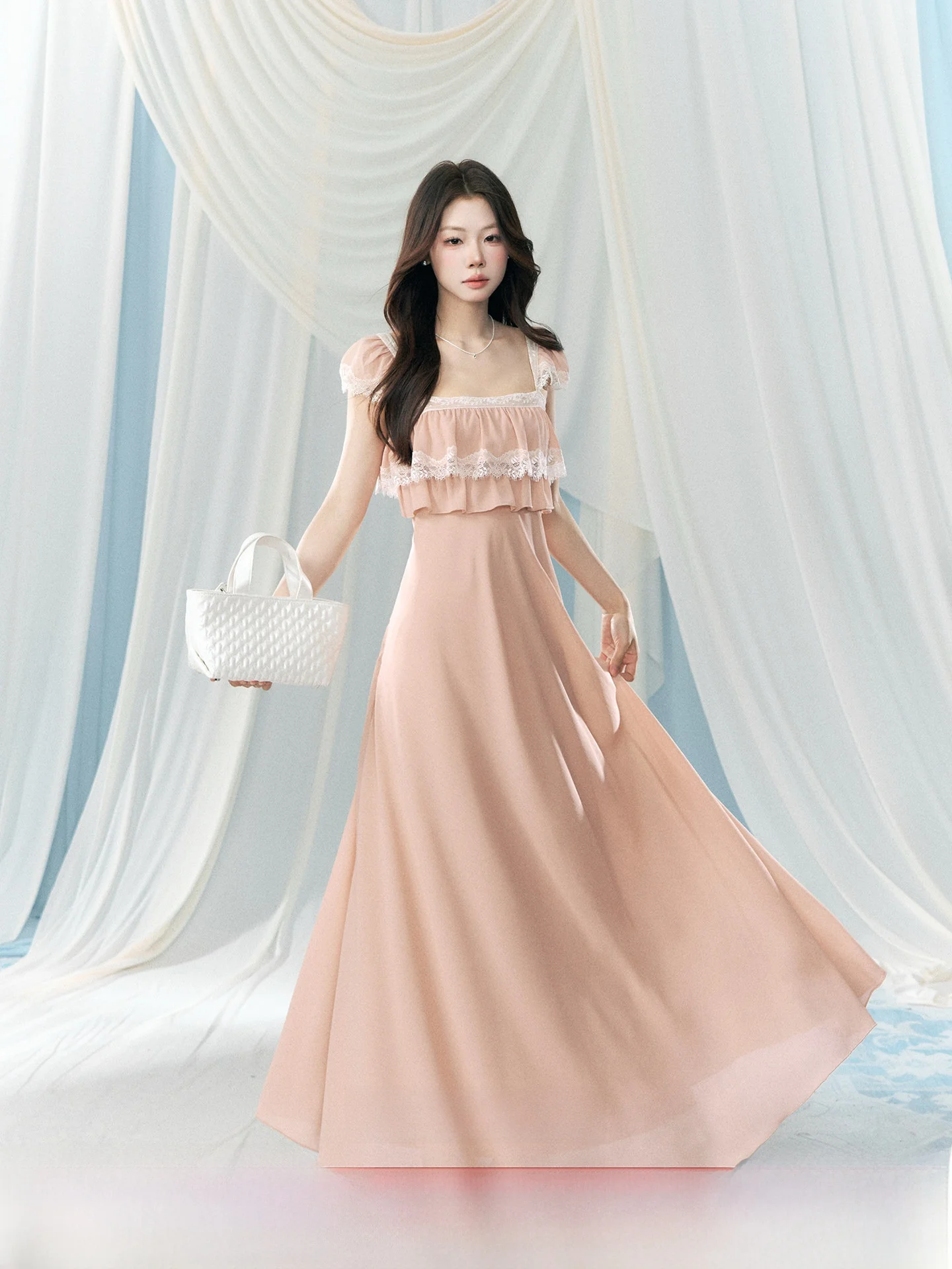 

Розовое женское платье с квадратным вырезом, приталенное, с завышенной талией, имитация двух частей, новый дизайн, весна, для офиса, А-силуэт