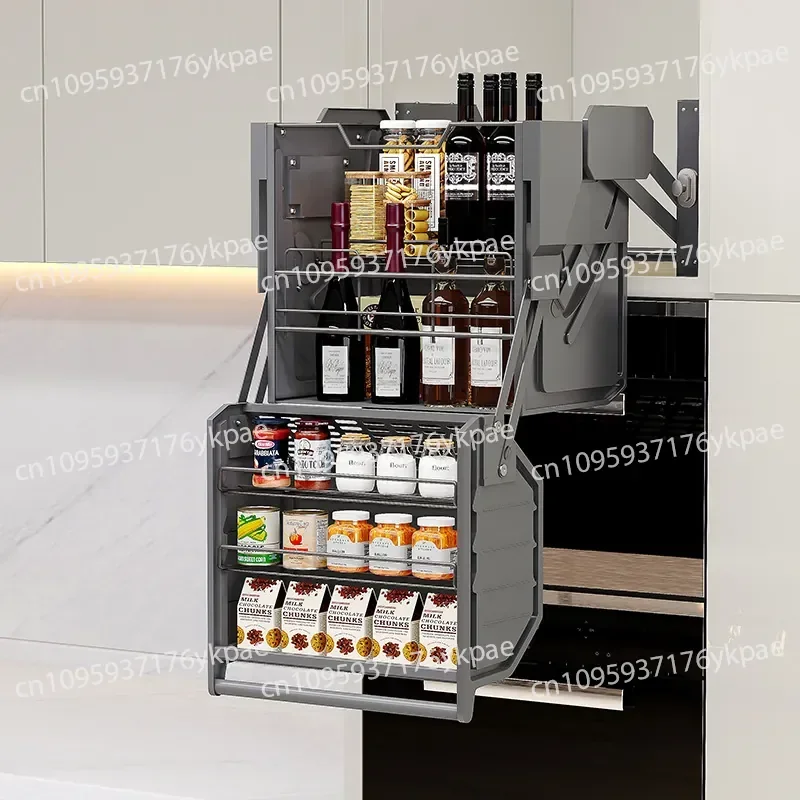 Hanging Cabinet Lift Basket, High Cabinet, Refrigerator Top Seasoning, Double-layer Basket, Kitchen Cabinet Drop-down