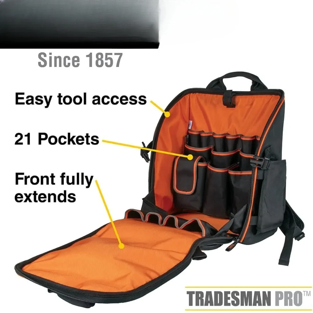 55482 Tool Bag Backpack, Heavy Duty Tradesman Pro Tool Organizer with 21 Pockets and Large Interior, Water Resistant