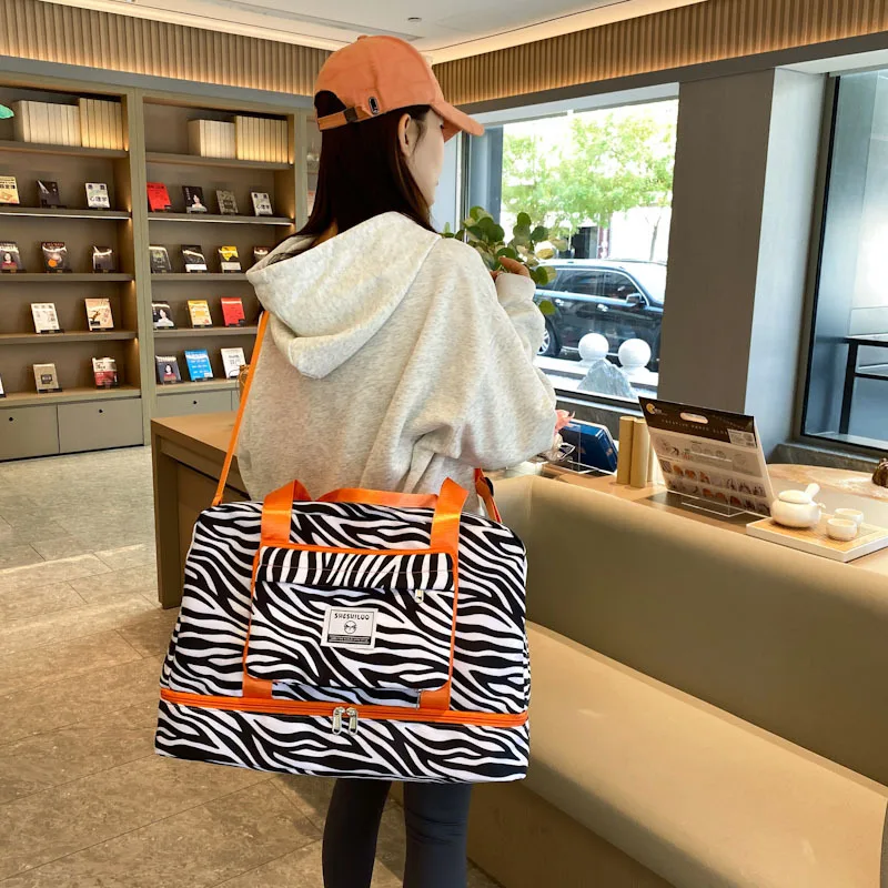 Large Size Luggage Bag Women Travel Handbag Zebra Print Waterproof Pull Rod Boarding Fitness Dry and Wet Separation Weekend Bag