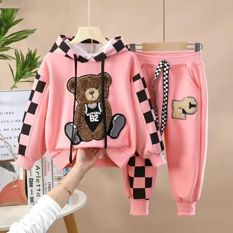 2-8 Years New Spring Autumn Girls Clothing Set Cartoon Bear Pattern Hoodies + Pants 2Pcs Outfit Suit For Kids