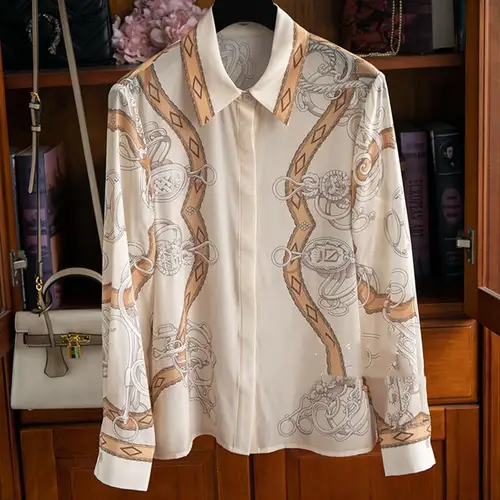 Camisa de seda estampada con cadena de posicionamiento para mujer, camisa de seda de morera con cuello abatible, Blusa de lujo de alta calidad