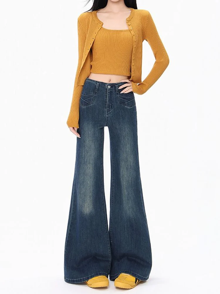 

Retro High Waist Bell Bottom Jeans Women's New American Style Denim Pants with Pockets Hip Concealing Wide Leg Flared Jeans