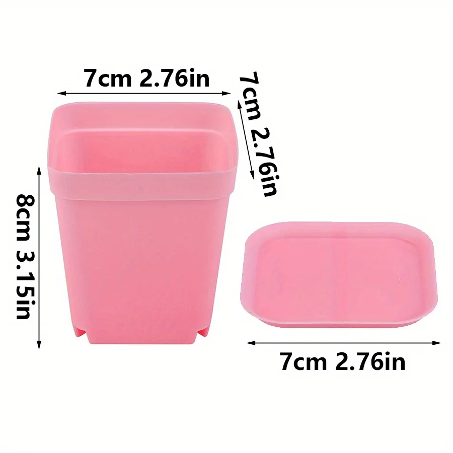 12pcs 7cm Plastic Square Pots with Trays, Drainage Holes, Multi-Color Succulent Flower Nursery Pot, Indoor/Outdoor Desktop JXB