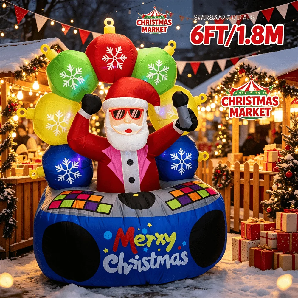 Cool DJ Santa Boombox Inflatable Toy 6FT Snowflake Ornaments with LED Lights Merry Christmas Blow Up Garden Holiday Decor