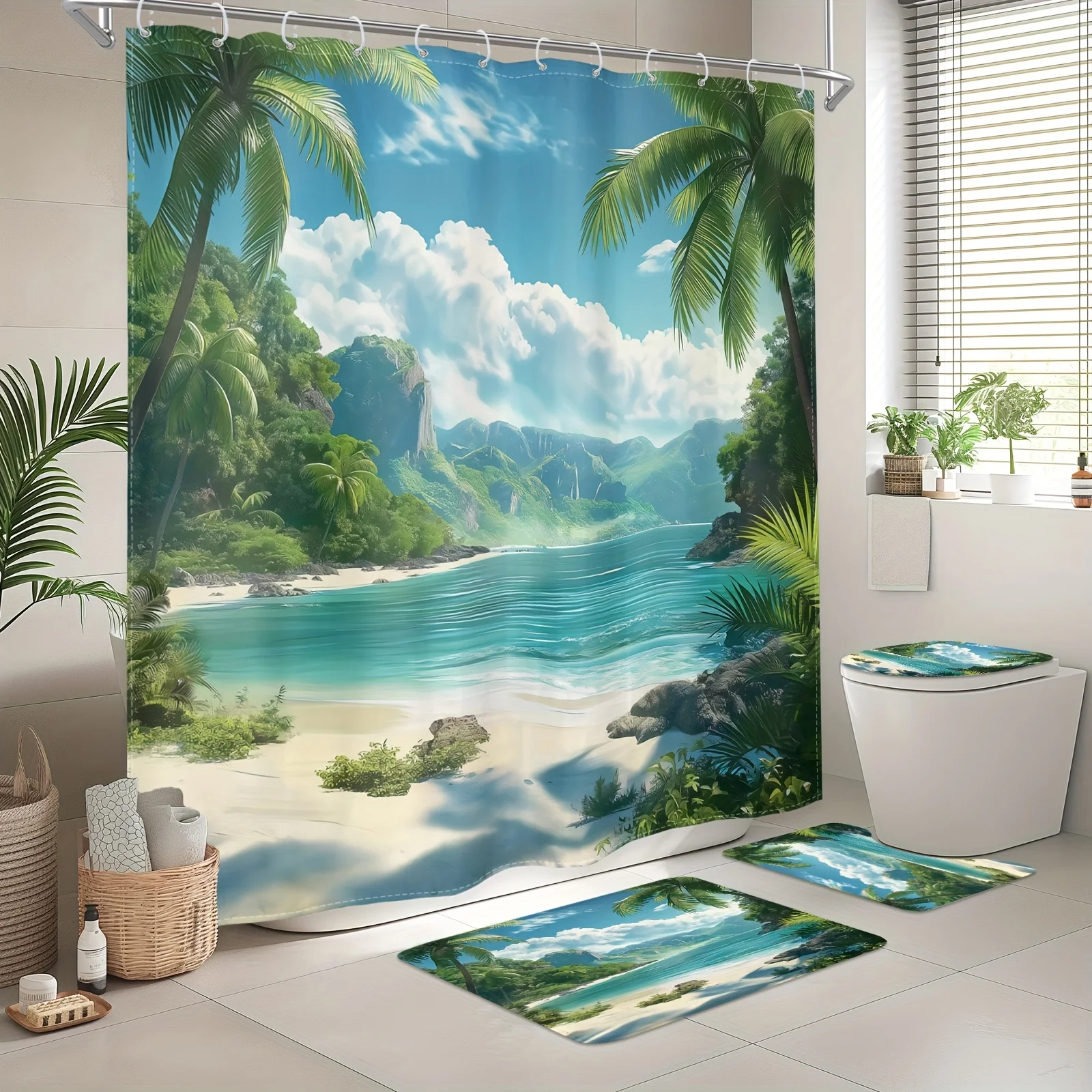 

Beach Seaside Shower Curtain Set Coconut Sea Sky Bathroom Curtain Non Slip Floor Mat Toilet Cover with Hooks