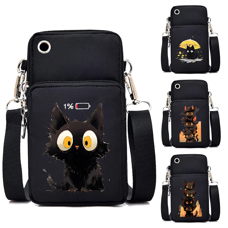 Black Cat Mini Mobile Phone Bag Women's Messenger Bag Anime Animal Kitten Hanging Neck Coin Vertical Handbag Small Crossbody Bag