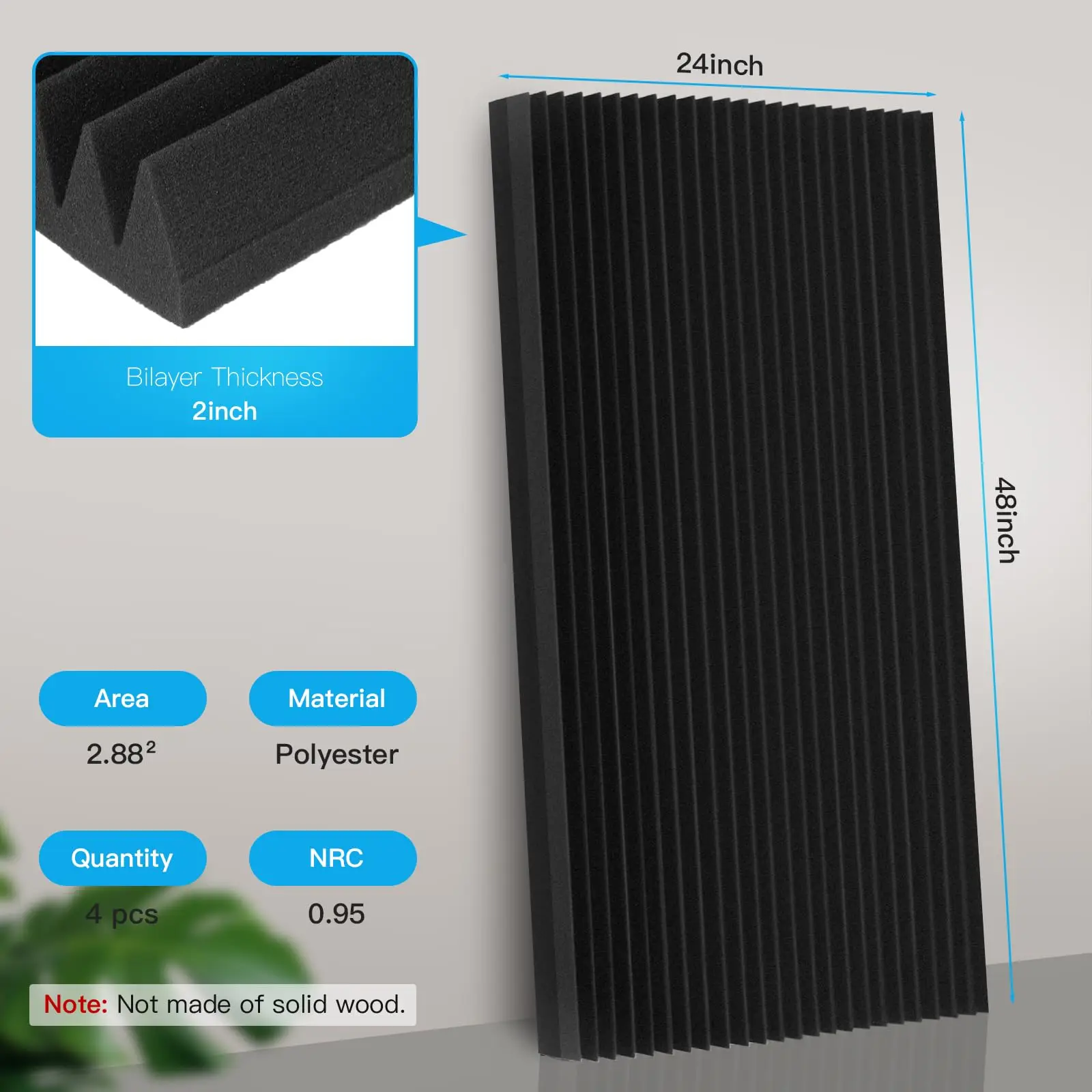 Hertber Paquete de 1/2 Panel Acústico Grande de Espuma Insonorizante con Puntos Adhesivos de Doble Cara, 47.24' X 23.62' X 2' Pulgadas, Negro