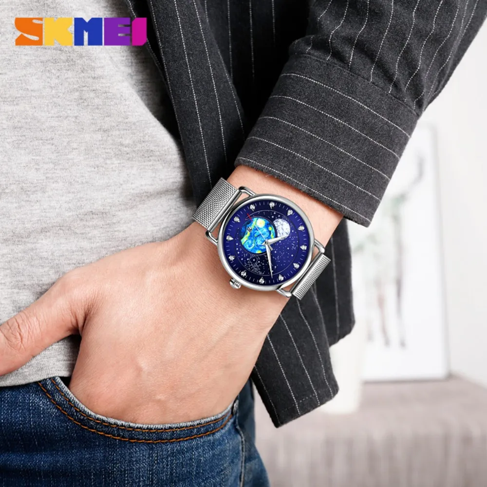 Zegarek kwarcowy męski SKMEI Creative Starry Universe Dial, modny, wodoodporny, z datownikiem, zegarki na rękę, zegar Relogio Masculino, 2 style paska