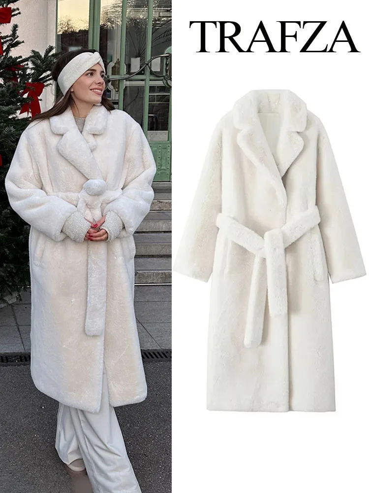 Trafza-ポケット付きの折りたたまれた襟付きの女性用長袖コート,暖かい白いコート,ベルト装飾,ストリートファッション,冬