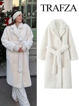 Trafza-ポケット付きの折りたたまれた襟付きの女性用長袖コート,暖かい白いコート,ベルト装飾,ストリートファッション,冬