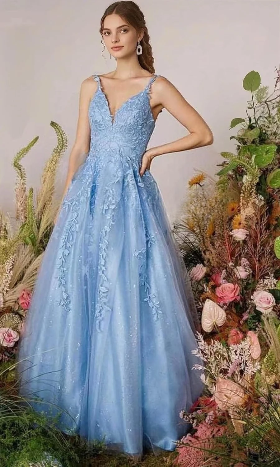 سباركلي تول فساتين لحضور الحفلات الموسيقية 2025 دانتيل زينة طويلة الكرة ثوب السباغيتي الأشرطة الخامس الرقبة مشد ثوب مسائي رسمي