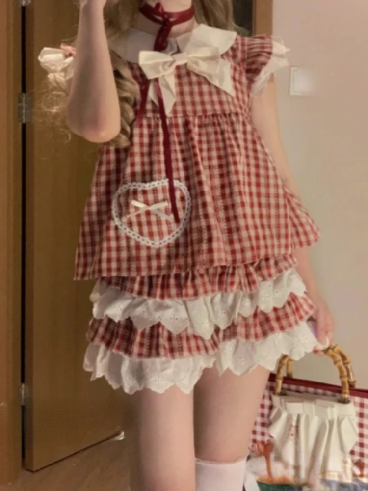 Lolitatwo ชุดหวานน่ารักสำหรับฤดูร้อน, เสื้อตาหมากรุกลูกไม้ + กระโปรงมินิเค้กผู้หญิง Y2k น่ารักเย็บปะต่อชุดใหม่บาง2024