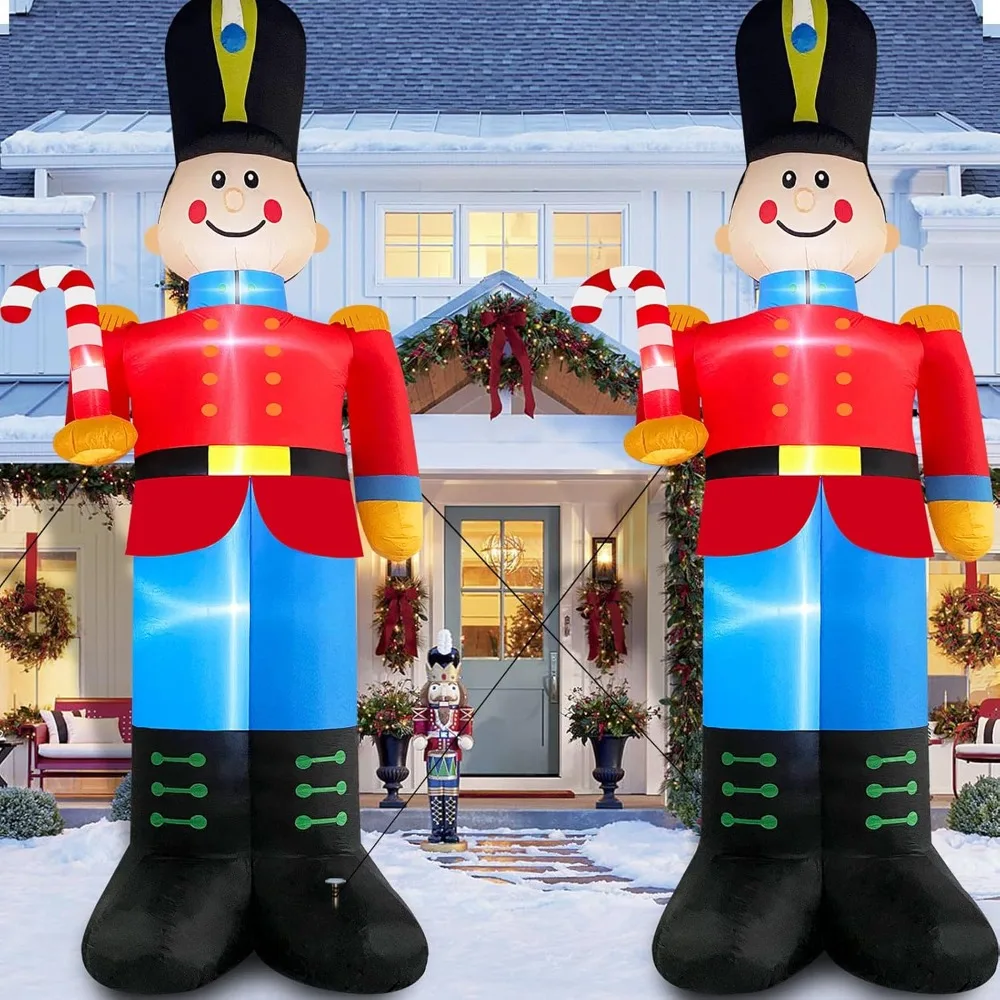 12FT Christmas Inflatable Nutcracker Soldier with Candy Cane Outdoor Christmas Decorations, Built-in LED Lights Nutcrack