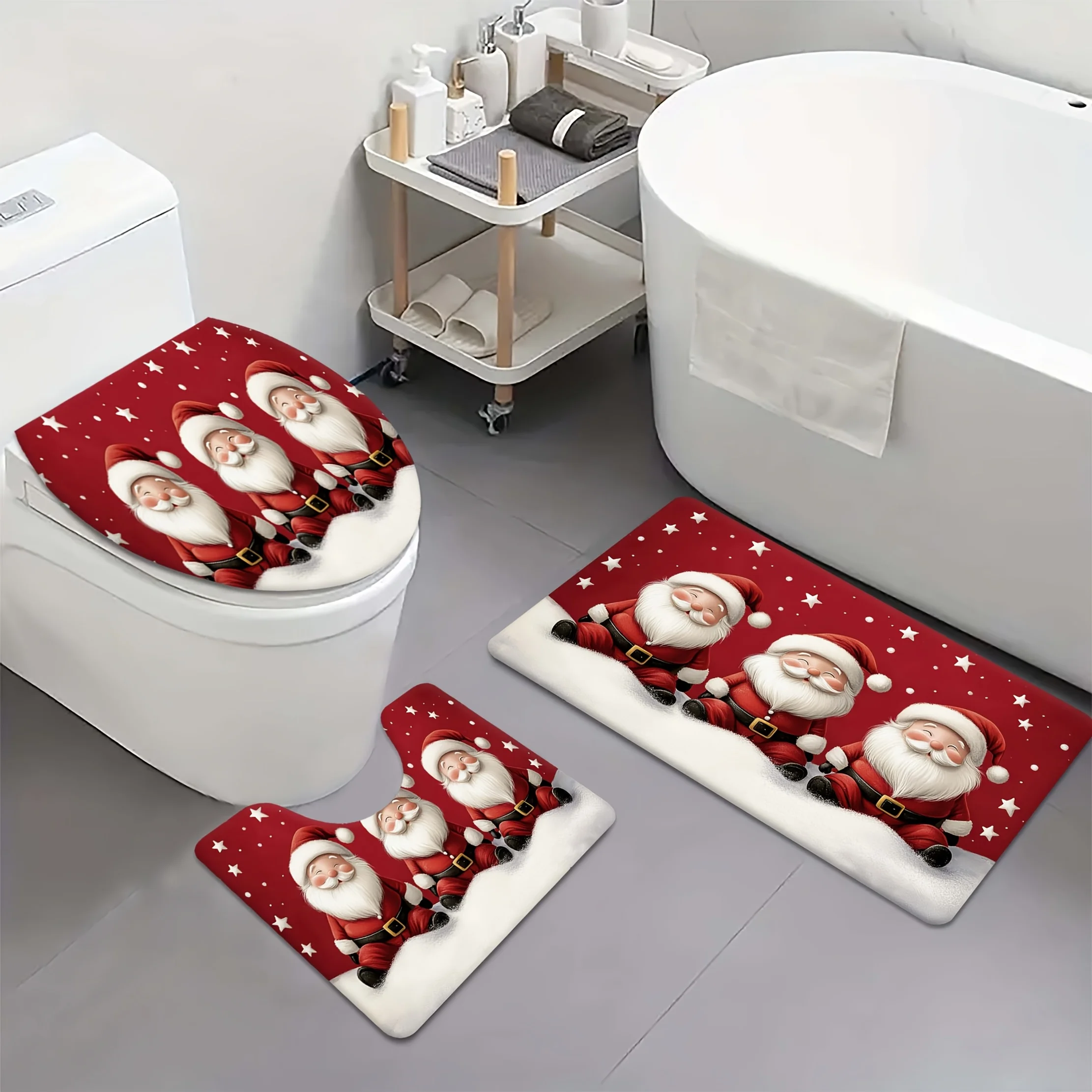 

Набор для ванной комнаты из трех частей, включая плюшевый коврик для унитаза, коврик для ног с краями ванны, впитывающий коврик с принтом и нескользящий коврик для ванной комнаты.