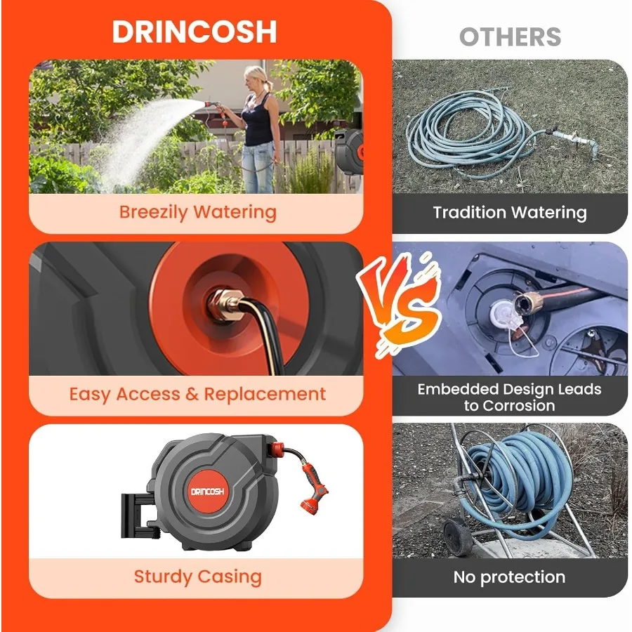 3세대 자동 감김식 정원 호스 130피트 x 1/2인치 헤비듀티 벽걸이형 호스릴 (야외용, 180도 회전 자동 슬로트 기능 포함)