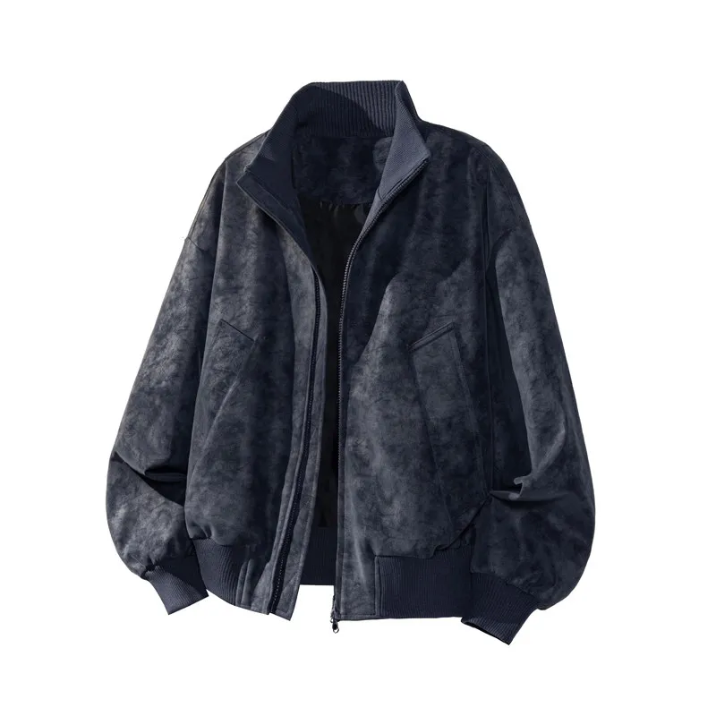 

Свободный крой, повседневная мужская кожаная верхняя одежда с воротником-стойкой для всех сезонов, длинное пальто из смеси полиэстера больших размеров