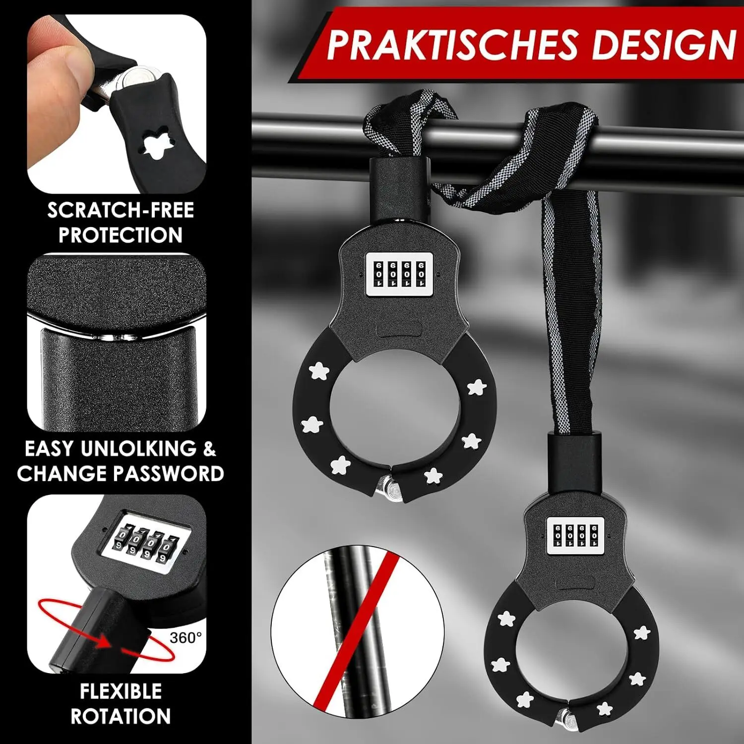 E-Scooter Security Locks Chain Link Handcuff Lock 93cm Lang E Scooter Lock with Combination Code w/ 3L Waterproof Bag Black