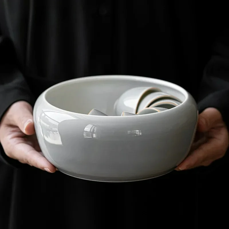 Ice Gray Smoky Gray Glaze Tea Wash Large Size Ceramic Wash Tea Residue Barrel Tea Basin Writing-Brush Washer