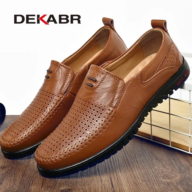 DEKABR Summer Men Shoes Casual Luxury Brand Genuine Leather Mens Loafers Moccasins Italian Breathable Slip on Boat Shoes Size 47