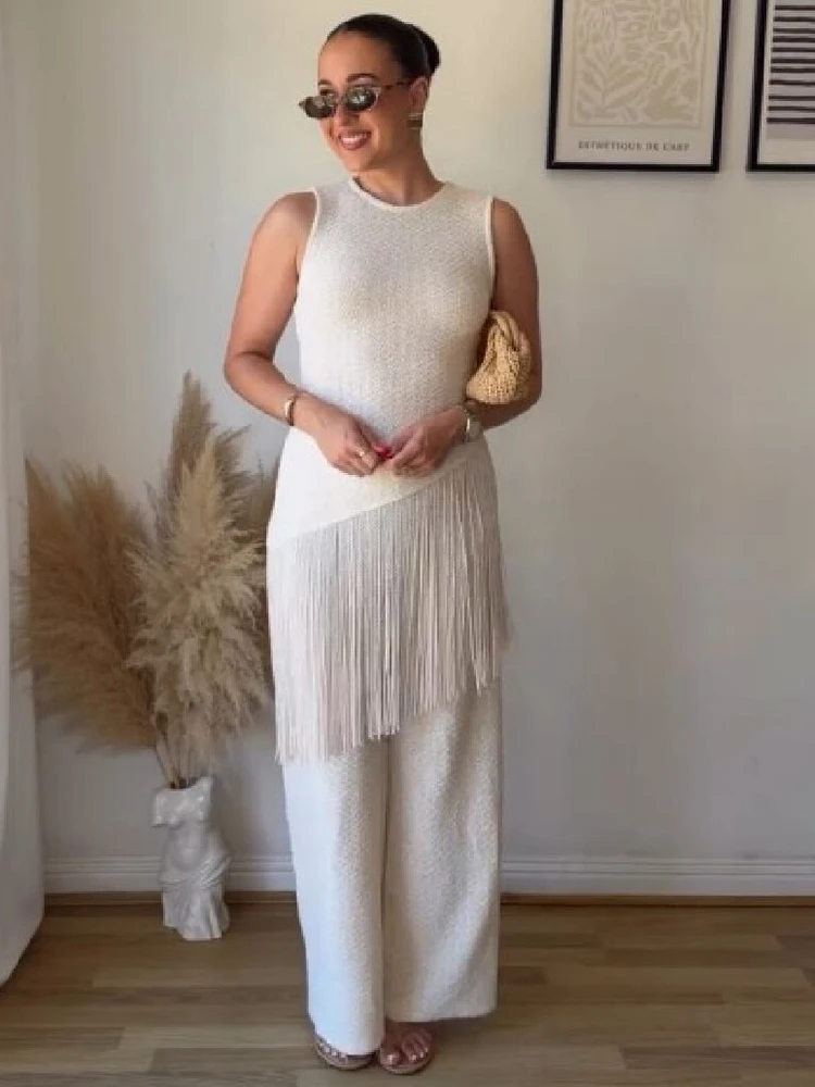 Simple Asymmetrical Long Fringe Hem Top Women Sleeveless Solid White Round Neck Slim Fitted Tops Elegant Party Vacation Vest New