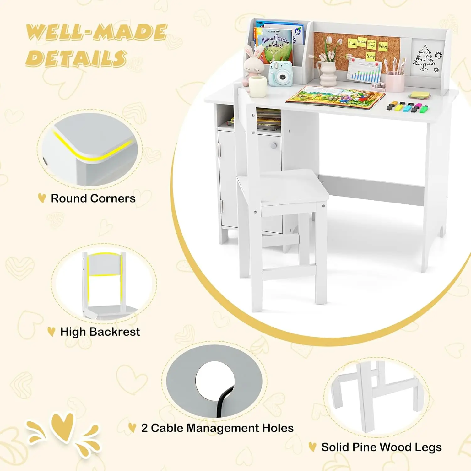 Kids' Desk and Chair Set, Mesa De Estudo De Madeira Para Crianças, Armazenamento, Hutch, Cork Bulletin Board, Quadro Branco, Marcador, Estudante Comp